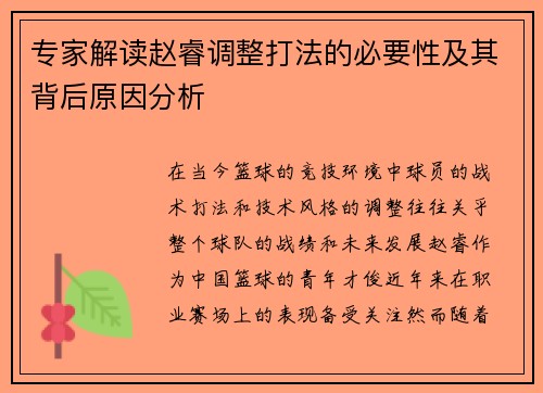 专家解读赵睿调整打法的必要性及其背后原因分析